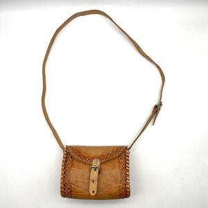 Vintage 80s Handmade Beige Leather Mayan Calendar Tooled Design Satchel Purse